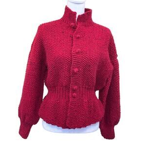 Basia red hand knit wool sweater, medium, chunky, cottagecore, vintage inspired